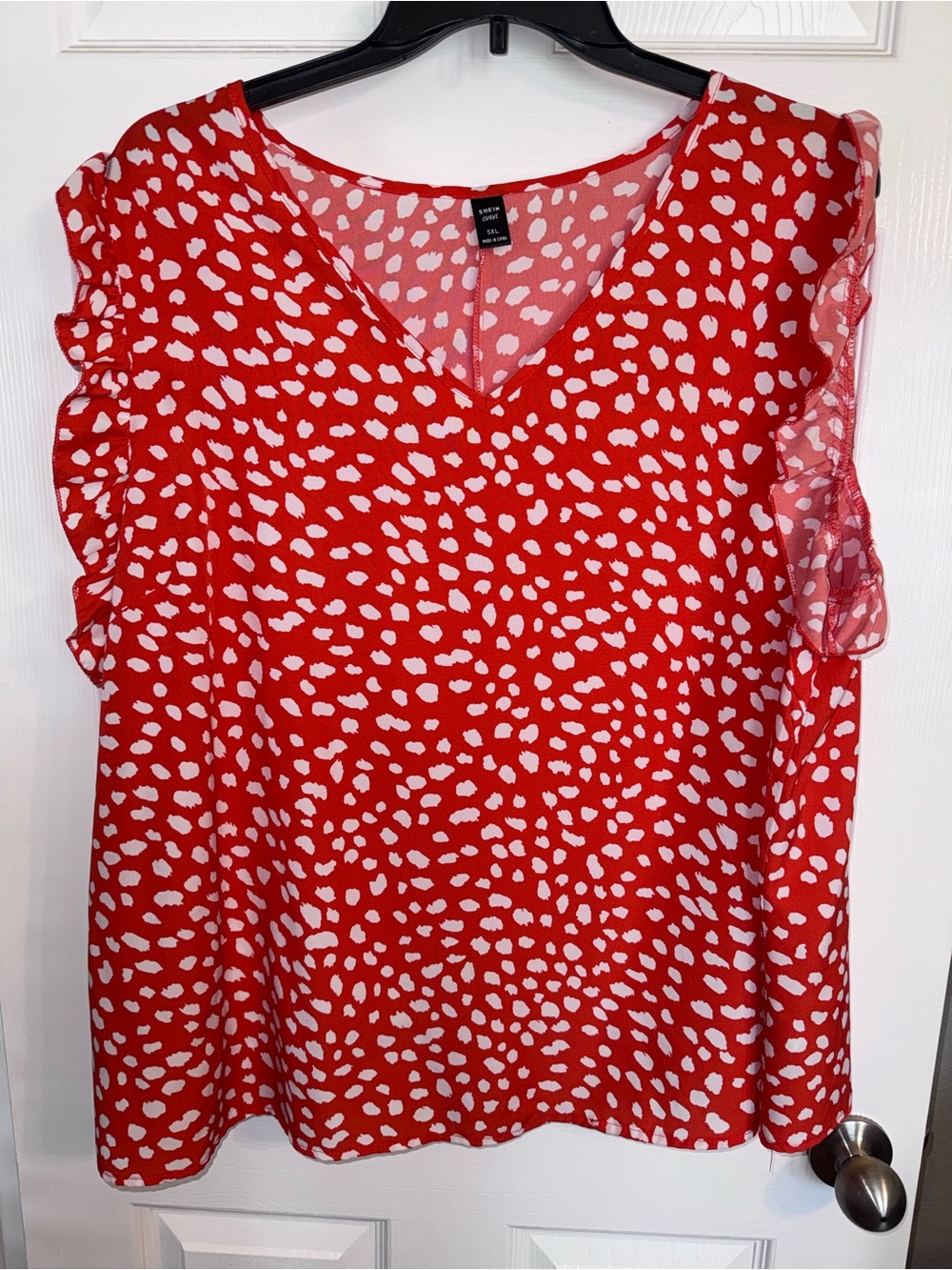 SHEIN Orange and WhiteV-Neck Ruffle Cap Sleeve Printed Blouse